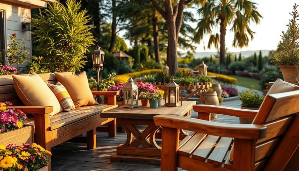 A beautifully arranged wooden outdoor decor scene featuring a handcrafted wooden bench surrounded by vibrant flower beds and lush greenery. In the foreground, the bench is made of rich, textured hardwood with intricate grain patterns, adorned with soft outdoor cushions in warm earth tones. In the middle ground, a rustic wooden table complements the bench, elegantly set with potted plants and handmade lanterns that cast a warm glow. The background showcases a serene view of a garden, with tall trees and a gentle blue sky, creating an inviting atmosphere. The scene is bathed in soft, golden hour sunlight, enhancing the warmth of the wood and the colors of the garden, evoking a sense of tranquility and comfort. The angle is slightly elevated, providing a picturesque perspective of this charming outdoor space without any text or overlays.