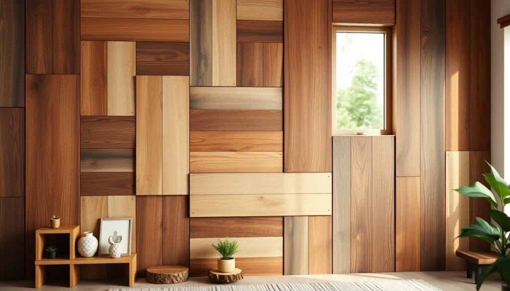 A beautifully arranged wooden wall decor design featuring an array of rustic wooden panels in various shades of brown, each showcasing unique textures and grains. In the foreground, a few decorative wooden accents like minimalist shelves, small potted plants, and handcrafted art pieces enhance the natural aesthetic. The middle ground presents a cozy space with a softly integrated wooden wallpaper, creating a warm and inviting atmosphere. The background is softly lit, with natural sunlight filtering through a nearby window, casting gentle shadows and highlights that emphasize the wood's rich textures. The overall mood is serene and homely, ideal for showcasing quick wood accent solutions for empty walls, evoking a feeling of warmth and comfort. Captured with a shallow depth of field to focus on the decor elements, ensuring a clean and uncluttered look.