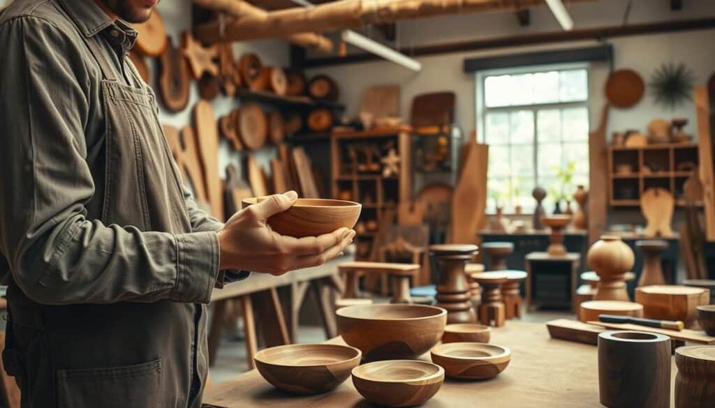 A beautifully arranged woodworking workshop showcasing a variety of handmade wooden pieces, with rich textures and natural grains evident on each item. In the foreground, display a skilled artisan, dressed in modest work attire, carefully examining a handcrafted wooden bowl. The artisan's hands are gently inspecting the smooth finish. In the middle ground, an assortment of finished wooden products like chairs, tables, and decorative items are neatly displayed on a workbench, along with tools like chisels and sanders. In the background, soft natural light filters through a large window, illuminating the space and creating a warm, inviting atmosphere. The overall mood conveys craftsmanship, attention to detail, and the beauty of natural materials in home décor. Ensure the scene is vibrant and realistic, capturing the essence of sourcing handmade wood.