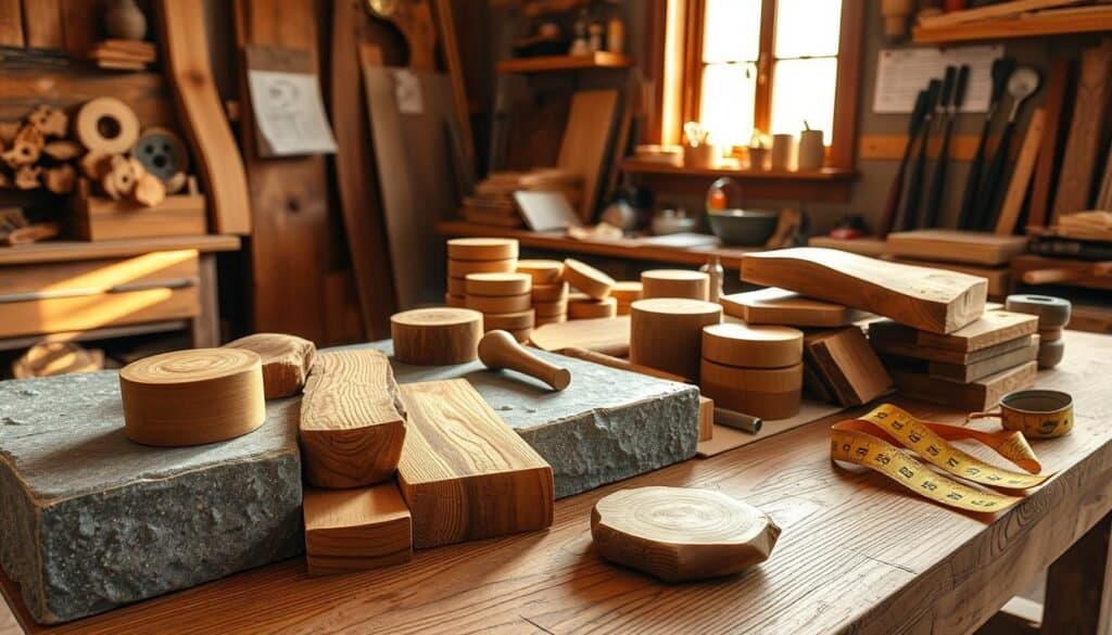 A beautifully composed workspace featuring a rustic wooden workbench in the foreground, laden with an assortment of finely crafted wooden pieces in various shades of brown and tan. Include a smooth, gray stone slab next to the wood, juxtaposing the organic textures. In the middle ground, show hand tools like chisels and a measuring tape, emphasizing a sense of craftsmanship. The background should feature a sunlit window, allowing warm natural light to flood the space, casting soft shadows and highlighting the rich grains in the wood and the rugged surface of the stone. Overall, aim for an inviting, creative atmosphere, suggesting a serene environment for artistic exploration and collaboration.