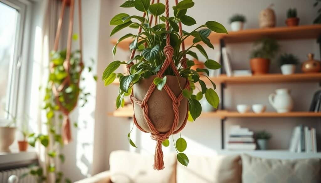 A beautifully crafted DIY plant hanger made from natural wood and colorful rope, elegantly showcasing green, leafy plants hanging gracefully. In the foreground, the focus is on the intricate knot designs of the hanger, capturing the texture of the materials. In the middle ground, a bright, airy living space with soft sunlight streaming through a window highlights the plant's vibrant foliage. The backdrop features well-organized shelves adorned with decorative pots and books, creating a sense of homely balance. Use warm lighting to convey a cozy atmosphere, emphasizing the natural elements and textures. The overall scene should feel inviting and peaceful, perfect for a home seeking a touch of nature.