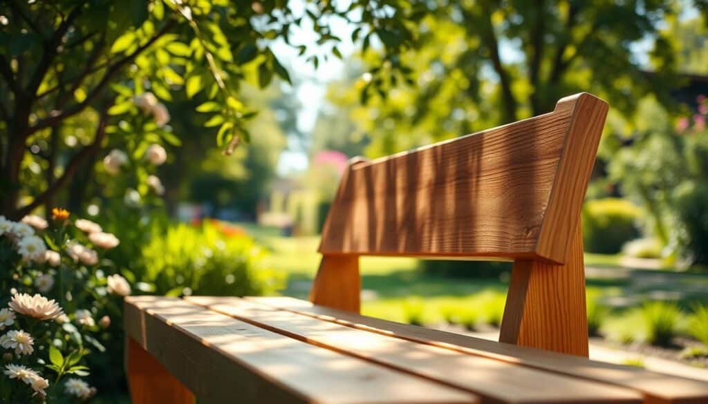 A beautifully crafted DIY wooden garden bench, featuring a rustic design with warm, natural wood tones. The bench is situated in a serene outdoor setting, surrounded by lush greenery and blooming flowers that evoke a peaceful atmosphere. In the foreground, the focus is on the finely detailed wood grain and craftsmanship of the bench. In the middle ground, soft sunlight filters through the leaves, casting gentle shadows. In the background, a blurred garden path leads away, enhancing the sense of tranquility. This scene captures the essence of peaceful moments in nature, with a warm, bright ambiance and a shallow depth of field that draws the eye to the bench as the centerpiece. A beautifully crafted DIY wooden garden bench, featuring a rustic design with warm, natural wood tones. The bench is situated in a serene outdoor setting, surrounded by lush greenery and blooming flowers that evoke a peaceful atmosphere. In the foreground, the focus is on the finely detailed wood grain and craftsmanship of the bench. In the middle ground, soft sunlight filters through the leaves, casting gentle shadows. In the background, a blurred garden path leads away, enhancing the sense of tranquility. This scene captures the essence of peaceful moments in nature, with a warm, bright ambiance and a shallow depth of field that draws the eye to the bench as the centerpiece.