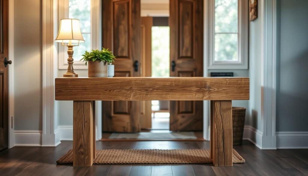 A beautifully crafted rustic console table made of weathered oak, showcasing its natural grains and knots. The table is positioned in an inviting entryway, adorned with a few decorative touches like a potted green plant and a small vintage lamp casting warm, soft light. In the foreground, the focus is on the table’s unique texture and craftsmanship, highlighting its sturdy legs and hand-carved details. The middle ground features a cozy mat beneath the table, leading to a welcoming open door at the back, showing a glimpse of a serene outdoor space. Soft, diffused lighting enhances the warmth of the scene, creating an atmosphere of comfort and homeliness. The image is captured from a slightly elevated angle to emphasize both the table and the inviting entryway.