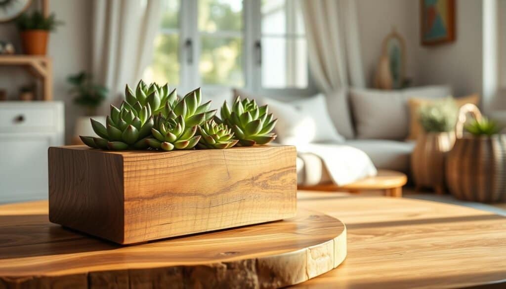 A beautifully crafted tabletop wooden planter made of rich, polished oak, showcasing its natural grains and texture. The planter is filled with vibrant green succulents, bringing a touch of life and nature indoors. In the foreground, the planter sits on a simple, rustic wooden table that complements its aesthetic. The middle ground features a soft, inviting home environment with warm, natural lighting filtering through a nearby window, creating gentle shadows and highlights. In the background, a cozy living room is hinted at, with subtle decorations like a small potted fern and a woven basket, enhancing the serene atmosphere. The overall mood is warm, welcoming, and inspiring, perfect for DIY enthusiasts looking to enhance their home decor.