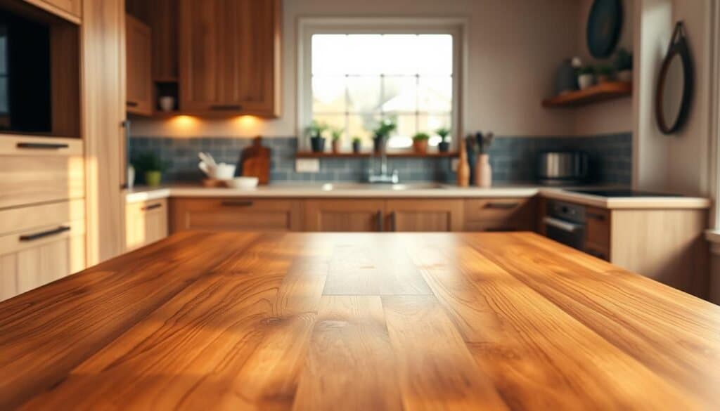 A beautifully crafted wooden countertop as the centerpiece of a modern kitchen. The foreground showcases the rich grain and warm tones of the hardwood, with subtle textures highlighted by soft, natural lighting. In the middle ground, sleek kitchen cabinetry complements the countertop, featuring minimalist design and earthy accents. The background reveals a cozy kitchen atmosphere, with warm light streaming through a window, illuminating potted herbs on the windowsill and polished kitchenware. The image should evoke a welcoming and harmonious feeling, inviting the viewer to imagine the warmth and beauty of natural wood in their own space. Use a wide-angle lens to capture the depth and dimensions of the kitchen, ensuring vibrant colors and realistic details without any text or overlays.