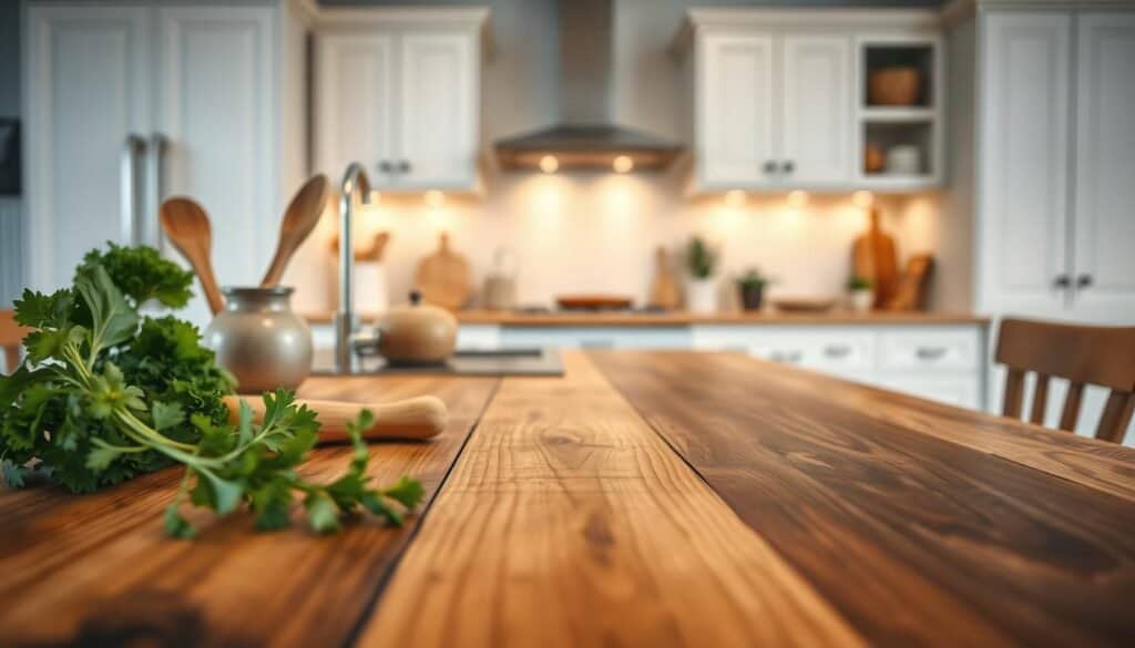 A beautifully crafted wooden kitchen countertop as the focal point, showcasing rich, natural textures and grains of dark and light wood. The countertop is adorned with minimalistic kitchen utensils in soft, muted colors, enhancing the organic feel. In the foreground, a few fresh vegetables and herbs are arranged neatly on the countertop, adding a touch of freshness. In the middle ground, soft, diffused lighting highlights the wood's details, creating gentle shadows that add depth. In the background, a simple, uncluttered kitchen with white cabinets and warm lighting contributes to a cozy, inviting atmosphere. The angle is slightly elevated, capturing the countertop’s surface and inviting viewers to imagine cooking and living in this charming space. The overall mood is warm and welcoming, reflecting a serene, natural aesthetic.