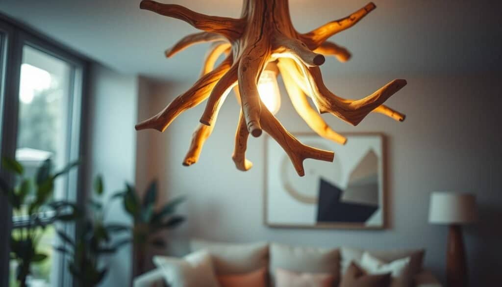 A beautifully crafted wooden light fixture resembling a natural tree branch, elegantly suspended from a soft, warm-lit ceiling. The foreground features intricate details of the wood grain, highlighting its organic texture and subtle knots. In the middle ground, the light casts gentle shadows, illuminating a cozy living space adorned with minimalist decor—think soothing neutral tones and lush greenery. The background subtly showcases a tastefully designed wall with modern artwork, blending seamlessly with the wooden elements. This scene is captured from a low angle with a soft focus lens, enhancing the warm atmosphere and inviting charm of the space. Soft natural light filters in from a nearby window, creating a serene and calming mood, perfect for relaxing or entertaining.
