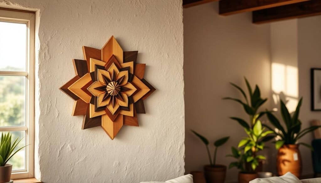 A beautifully crafted wooden wall art piece, featuring an intricate design of layered geometric shapes, displaying a harmonious blend of oak and walnut tones. In the foreground, the wall art is mounted on a rustic, textured wall, showcasing artisanal craftsmanship. The middle ground features a well-lit, cozy room setting with soft morning light filtering through a nearby window, creating gentle shadows that enhance the wood grain details. The background includes subtle hints of greenery from potted plants, adding a touch of nature. The atmosphere is warm and inviting, evoking a sense of creativity and personal expression, perfect for a DIY accent. The image captures the essence of home décor, with a focus on realistic textures and tones, emphasizing the beauty and versatility of wooden art without any text or logos.