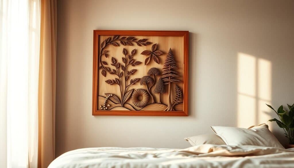 A beautifully crafted wooden wall art piece featuring intricate carvings of natural elements like leaves and trees. The foreground showcases the art mounted on a softly textured, neutral-toned wall in a cozy bedroom setting. In the middle ground, a simple wooden frame surrounds the art, emphasizing its craftsmanship with smooth edges and a warm finish. The background includes hints of soft textiles, like a muted bedspread and gentle throw pillows, enhancing the inviting atmosphere. The scene is bathed in warm, diffused natural light streaming through a nearby window, creating a serene and calming mood. The focal point is the wooden art, inviting viewers to appreciate the subtle beauty and warmth it adds to the space.