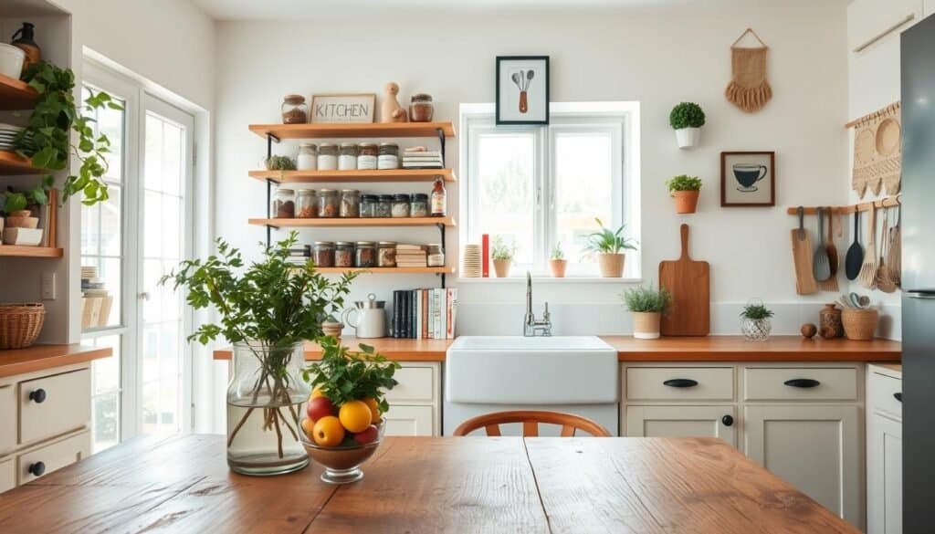 A beautifully decorated kitchen featuring budget-friendly decor ideas, showcasing a cozy and inviting atmosphere. In the foreground, a rustic wooden table is adorned with a simple vase of fresh herbs and a bowl of colorful fruits. The middle ground displays charming, affordable shelving filled with neatly organized glass jars, cookbooks, and decorative plants, emphasizing DIY storage solutions. The background reveals bright, light-colored walls with open windows allowing natural sunlight to flood the space, creating a warm and cheerful ambiance. Subtle decorative elements like framed prints of kitchen utensils and a handmade wall hanging add personal touches. Capture this scene with soft, diffused lighting to highlight the textures of the wood and fabrics, with a slightly elevated angle for a comprehensive view, evoking a sense of homey tranquility and creativity.