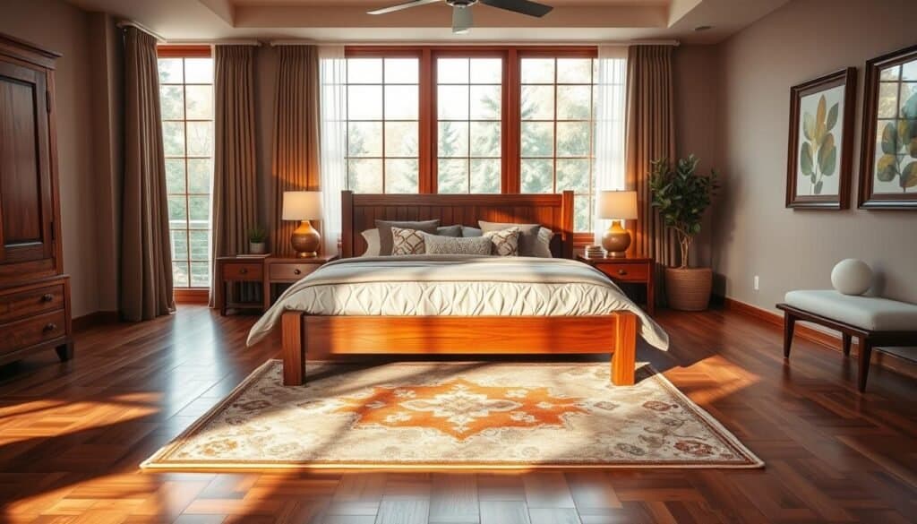 A beautifully decorated master suite featuring warm wooden elements, showcasing a cozy and inviting atmosphere. In the foreground, a stylish wooden bed frame with plush bedding and decorative pillows, complemented by rustic nightstands. The middle ground includes a vibrant area rug laid on a polished wooden floor, with soft lighting emanating from elegant bedside lamps. In the background, large windows with gentle curtains allow natural light to filter in, illuminating the room and highlighting the wood's rich texture. The walls are adorned with tasteful art pieces that incorporate wooden frames, creating a harmonious aesthetic. The overall mood is serene and tranquil, promoting a sense of comfort and well-being. Aim for warm, soft lighting to enhance the calming vibe of the space.