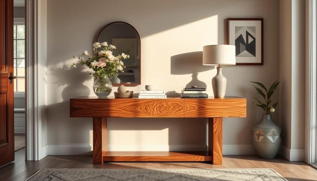 A beautifully designed entryway console table made of rich, warm wood, featuring intricate grain patterns. The table is adorned with elegant decorative items such as a vase with fresh flowers, a stylish lamp, and curated books. In the foreground, a cozy area rug complements the table, adding texture. In the middle, the console table stands against a soft, light-colored wall, reflecting a welcoming atmosphere. The background includes a stylish mirror and framed artwork that enhances the space. Natural sunlight filters in through a nearby window, casting soft shadows and creating a warm, inviting glow. The composition is shot from a slightly elevated angle to capture the depth and design of the entryway while ensuring a balanced and harmonious feel.