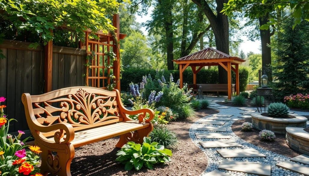 A beautifully designed garden scene featuring a harmonious blend of wooden elements alongside stone and metal materials. In the foreground, showcase a handcrafted wooden bench with intricate detailing, surrounded by a variety of lush green plants and brightly colored flowers. The middle ground should include a stylish wooden trellis entwined with climbing vines, while sleek pebbles and decorative metal accents add contrast. In the background, a serene wooden gazebo can be seen nestled among tall trees, creating a tranquil atmosphere. Natural sunlight filters through the leaves, casting soft shadows on the ground, enhancing the inviting mood. Capture the scene from a slightly elevated angle to provide depth and perspective, highlighting the unique combination of materials in this captivating garden design.