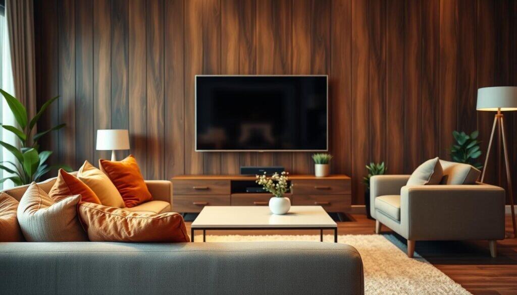 A beautifully designed living room featuring a wooden accent wall as the focal point behind a sleek, modern TV. The wooden wall showcases rich, dark-toned planks with a natural grain. A plush, neutral-toned sofa is positioned in the foreground, adorned with soft throw pillows in warm colors. In the middle ground, a stylish, minimalist coffee table sits on a soft area rug, enhancing the cozy atmosphere. Soft, ambient lighting casts a warm glow, evoking a welcoming feel. In the background, a subtle hint of greenery from houseplants complements the earthy tones of the wood. The composition is captured with a slightly elevated angle, emphasizing the visual depth and inviting mood of the space.