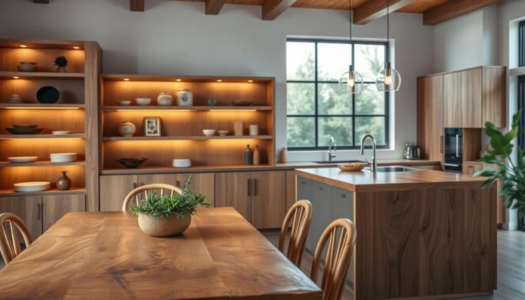 A beautifully designed modern kitchen showcasing various wood accents. In the foreground, a rustic wooden dining table with elegantly crafted chairs, adorned with a simple centerpiece of greenery. In the middle, open shelves made of warm-toned wood displaying handcrafted pottery and utensils, blending functionality with aesthetics. The background features a sleek kitchen island with a polished wooden countertop, illuminated by soft, warm ambient lighting from pendant lights above. Natural light filters in through a large window, creating a cozy atmosphere. A subtle hint of plants in the corner adds freshness. The overall mood is inviting and harmonious, emphasizing natural materials that enhance the character of the space.