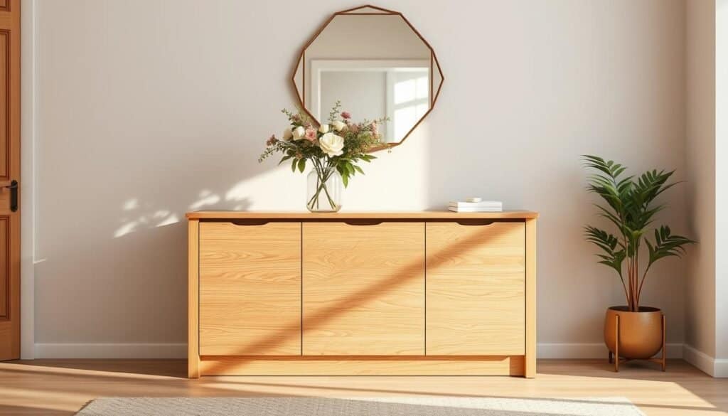 A beautifully designed modern wooden console table situated in a welcoming entryway. The console features clean lines, a smooth finish, and warm oak tones that seamlessly blend with the cozy atmosphere. In the foreground, a stylish vase with fresh flowers rests elegantly on the table, complementing the natural wood grain. The middle ground showcases a geometric mirror above the console, enhancing the spatial depth and reflecting soft, natural light that streams in from a nearby window. In the background, a softly textured wall in neutral tones adds warmth, while a small plant in a chic pot brings life to the scene. The overall mood is inviting and harmonious, perfect for revitalizing any entryway. Shot with a soft focus lens, capturing the essence of modern home décor.