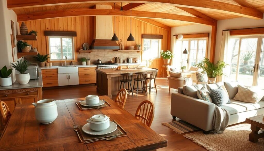 A beautifully designed open concept kitchen and living room radiating a bohemian style, featuring warm wooden accents and cozy furnishings. In the foreground, a rustic wooden dining table is set with simple yet elegant tableware, bringing a touch of comfort. The middle ground reveals a spacious kitchen with a large island, adorned with plants and artistic ceramic dishware. The living room area showcases a comfortable sofa with patterned cushions and a textured throw rug, creating an inviting atmosphere. Bright, natural light floods the space through large windows, casting soft shadows and enhancing the warm wood tones. The overall mood is warm and welcoming, perfect for family gatherings and relaxed dining experiences, captured from a slightly elevated angle to emphasize the layout and flow of the area.