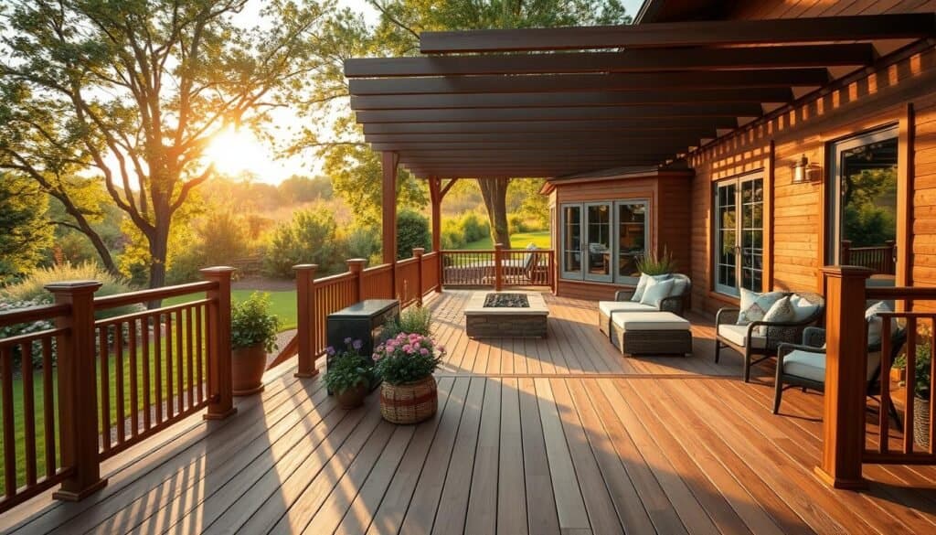 A beautifully designed outdoor living expansion featuring a spacious wooden deck and platforms, seamlessly blending with a lush garden setting. In the foreground, a sturdy wooden deck with elegant railings, surrounded by potted plants and comfortable outdoor furniture—such as a cozy seating area with cushions and a small coffee table. In the middle ground, a platform area with benches and a fire pit adds to the inviting atmosphere, ideal for gatherings. The background showcases a greenery-filled landscape with trees and flowers under a soft, golden hour sunlight, casting gentle shadows. The mood is serene and welcoming, encouraging creativity and relaxation in nature. The image should be captured from a slightly elevated angle to emphasize the deck's layout, ensuring the scene is bathed in warm and natural light.