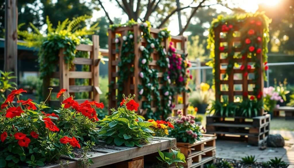 A beautifully designed pallet garden featuring vertical wooden structures that create height and drama, set in a serene outdoor space. In the foreground, an array of vibrant plants and flowers, such as red geraniums and green ferns, spring from rustic wooden pallets stacked creatively. The middle ground showcases tall, vertically arranged pallets covered with climbing vines and radiant blossoms, providing depth and interest. The background features a softly blurred garden with gentle sunlight filtering through trees, casting a warm, inviting glow over the scene. Shot with a shallow depth of field from a low angle, this image evokes a feeling of tranquility and creativity, perfect for inspiring garden enthusiasts.
