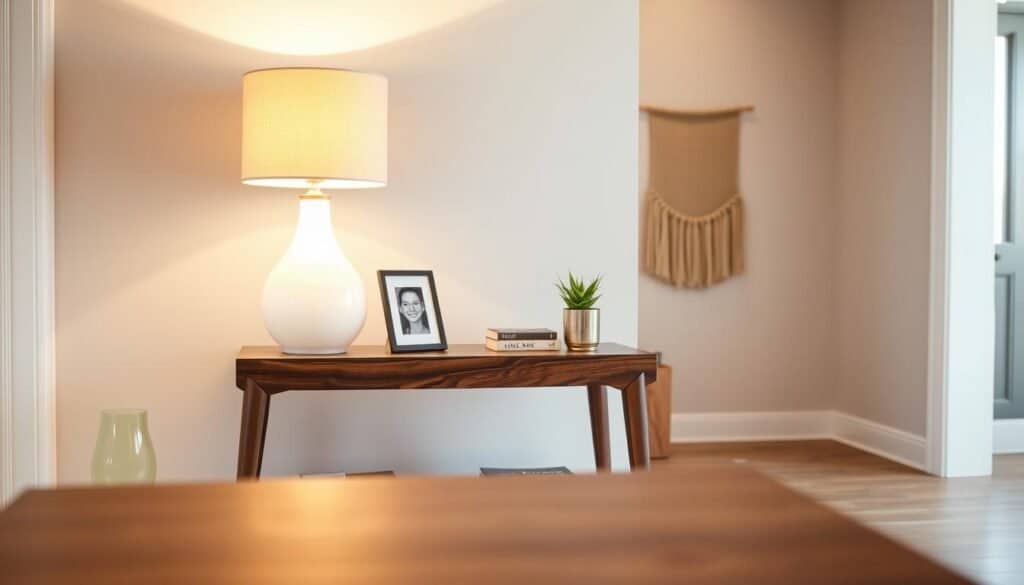 A beautifully designed wooden console table with a sleek, modern silhouette, made from rich walnut wood, is the central focus. The table features elegant tapered legs and an intricate grain pattern, showcasing exceptional craftsmanship. In the foreground, a softly glowing table lamp with a warm cream shade casts a gentle light, highlighting the table’s texture. In the middle ground, decorative items such as a small potted succulent and a framed black-and-white photo enhance the warm, inviting atmosphere. The background reveals a cozy entryway, complete with a soft, neutral-colored wall and a subtle, textured wall hanging. Natural light floods from an adjacent window, creating a serene ambiance that encourages relaxation. The overall mood is calm and welcoming, perfect for a home entryway setting.