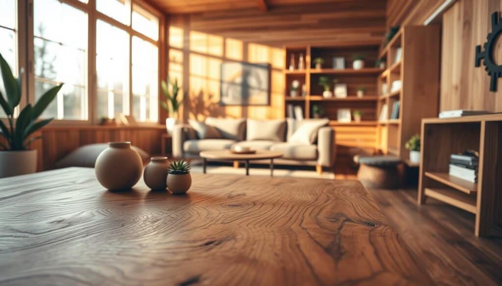 A beautifully designed wooden interior space featuring warm, natural wood tones. In the foreground, a handcrafted wooden coffee table with intricate grain patterns, adorned with simple decorative items like a small potted plant and a ceramic vase. The middle layer reveals a cozy seating area with an inviting sofa in neutral fabrics, flanked by natural wooden shelves filled with books and small plants. The background showcases large windows that allow soft, golden sunlight to filter in, casting gentle shadows across the room. The atmosphere is tranquil and welcoming, perfect for refreshing any space. The camera angle captures the room in a wide shot, emphasizing the harmonious blend of wood and light.