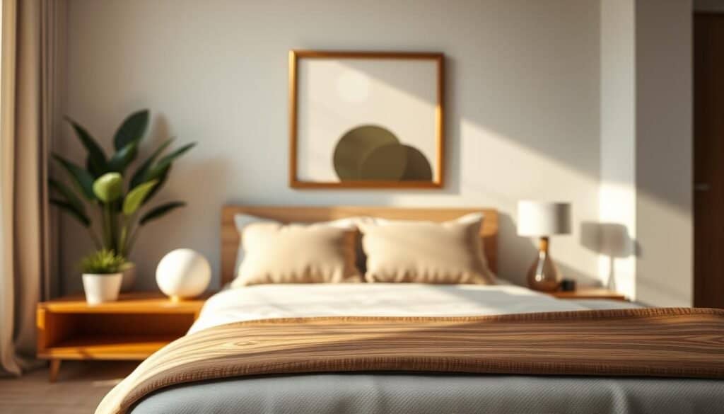 A beautifully styled bedroom featuring a wooden accent piece seamlessly integrated with modern decor. In the foreground, a polished wooden nightstand with a sleek design holds a soft, glowing lamp and a small potted plant. In the middle, the bed is adorned with neutral-colored linen and plush pillows, highlighting the warm tones of the wooden accent. The background showcases a tastefully arranged wall art in muted colors, enhancing the calming ambiance. Soft, diffused sunlight streams through a window, casting gentle shadows and creating a serene atmosphere. The overall mood is tranquil and harmonious, inviting relaxation and comfort. Realistic home décor and woodworking, no overlay or logos.