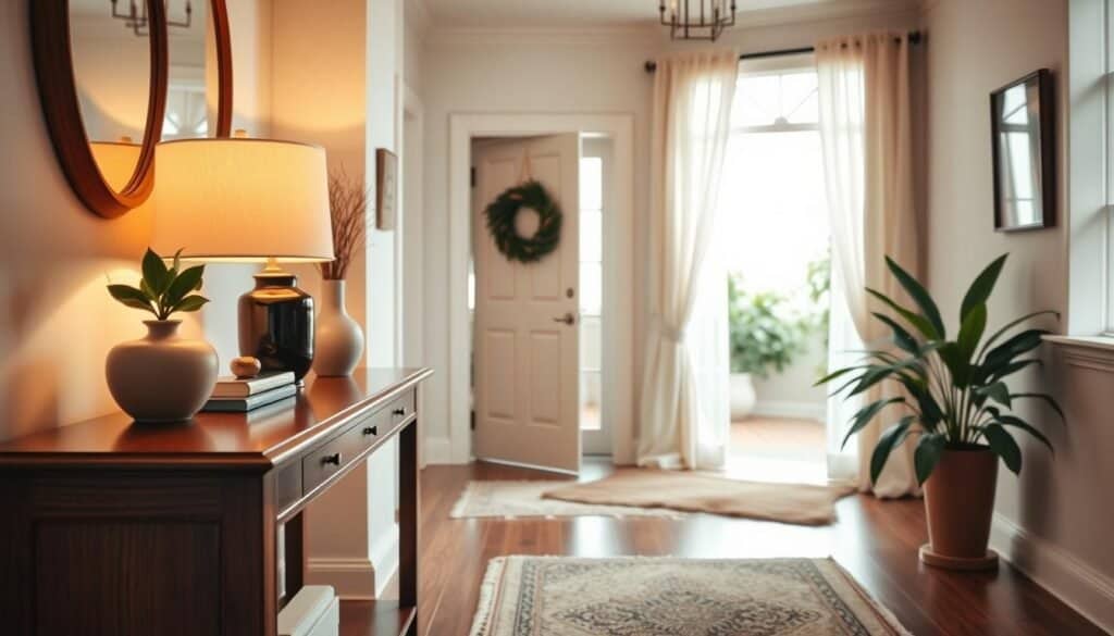 A beautifully styled entryway showcasing a gentle wood accent. In the foreground, a close-up of a rich mahogany console table adorned with decorative elements – a small potted plant, a stylish vase, and a chic lamp casting warm light. In the middle ground, the welcoming entryway features light-colored walls and a cozy rug, adding warmth to the space. In the background, an open doorway reveals a glimpse of natural light filtering through sheer curtains, enhancing the inviting atmosphere. Capture this scene with soft, diffused lighting reminiscent of a late afternoon, using a wide-angle lens to emphasize the depth of the space. The overall mood is serene and welcoming, encouraging a sense of calm and comfort. A beautifully styled entryway showcasing a gentle wood accent. In the foreground, a close-up of a rich mahogany console table adorned with decorative elements – a small potted plant, a stylish vase, and a chic lamp casting warm light. In the middle ground, the welcoming entryway features light-colored walls and a cozy rug, adding warmth to the space. In the background, an open doorway reveals a glimpse of natural light filtering through sheer curtains, enhancing the inviting atmosphere. Capture this scene with soft, diffused lighting reminiscent of a late afternoon, using a wide-angle lens to emphasize the depth of the space. The overall mood is serene and welcoming, encouraging a sense of calm and comfort.