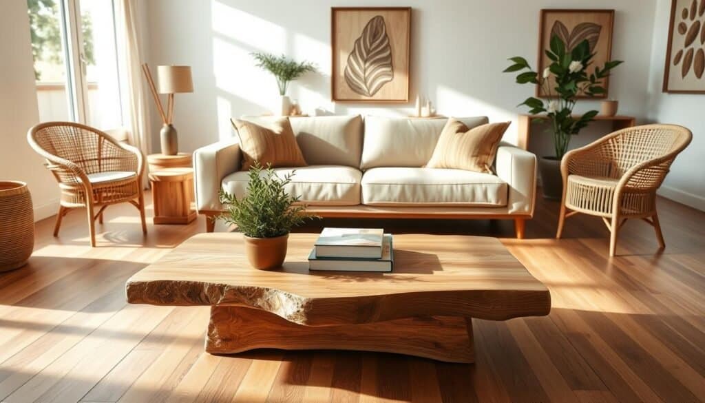 A beautifully styled living room featuring an elegant balance of natural wood elements, with a warm and inviting atmosphere. In the foreground, a sleek wooden coffee table made from reclaimed oak displays a small potted plant and a few art books. In the middle ground, a cozy sofa upholstered in soft beige fabric is complemented by wooden accent pillows. Surrounding the sofa, an arrangement of rattan chairs enhances the natural theme. The background showcases a large window letting in soft, diffused sunlight, casting gentle shadows across the polished wooden floor. The walls are adorned with framed wood art, creating a cohesive and harmonious design. The scene is captured from a slightly elevated angle, focusing on the balanced composition of textures and materials, evoking a sense of tranquility and natural elegance.