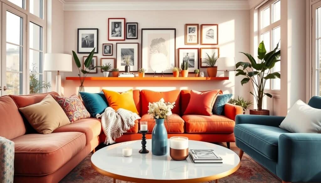 A beautifully styled living room featuring room-specific decoration updates that enhance mood and ambiance. In the foreground, a cozy seating area with a plush, vibrant sofa adorned with colorful throw pillows and a soft, inviting blanket. The middle view showcases a gallery wall with framed artwork and photographs, along with potted plants adding a touch of greenery. A stylish coffee table sits in front, displaying decorative candles and a small vase of fresh flowers. In the background, large windows allow warm, natural light to flood the space, casting soft shadows. The overall atmosphere is bright, inviting, and cheerful, perfectly reflecting the theme of mood-boosting home decor. Shot with a wide-angle lens to capture the entire room, emphasizing the harmonious blend of colors and textures in a realistic setting.