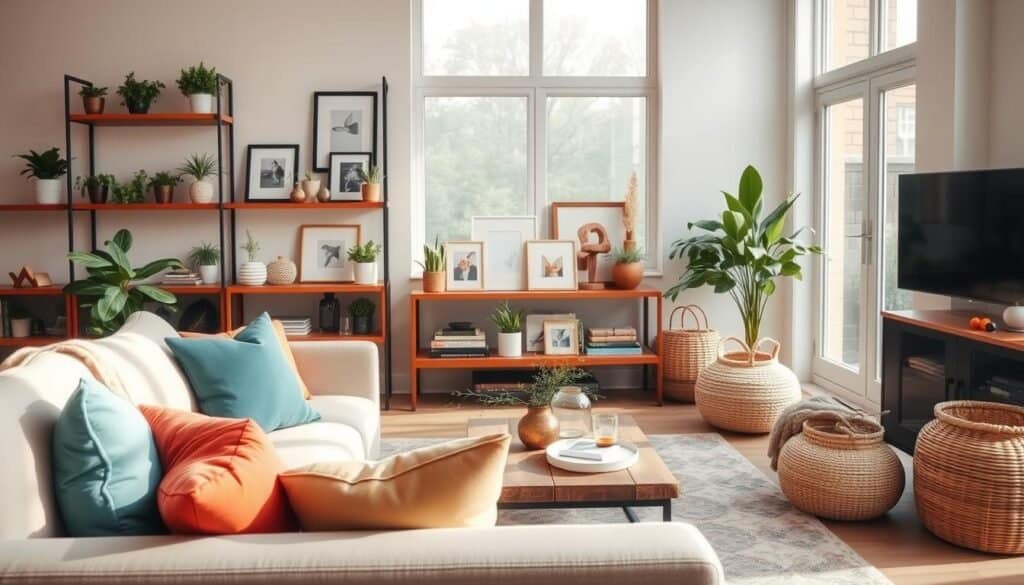 A beautifully styled living room showcasing DIY decor inspiration, featuring a cozy arrangement of a plush sofa with colorful throw pillows in the foreground. Elegant wooden shelves adorned with indoor plants and tasteful art pieces are positioned in the middle ground, along with a rustic coffee table displaying handmade decor items. The background includes large windows with soft, natural light streaming in, illuminating the space and creating a warm and inviting atmosphere. Decorative accents like woven baskets and a stylish area rug add texture to the room. The image captures a modern yet homely vibe, emphasizing creativity and comfort, with a bright and airy feel, shot from a slightly elevated angle to encapsulate the entire scene.