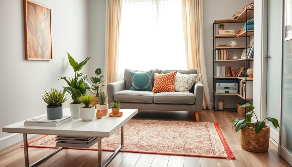 A beautifully styled small room featuring a cozy living area, showcasing clever space-saving furniture. In the foreground, a sleek, multifunctional coffee table holds stylish decor and potted plants. The middle section reveals a compact yet inviting sofa adorned with vibrant cushions, and a tasteful area rug beneath it. The background includes shelves with neatly arranged books and decorative items, enhancing vertical space. Soft, natural light filters through a large window dressed with light curtains, creating a warm and airy atmosphere. The overall mood is serene and welcoming, ideal for small space living. The image should capture a keen sense of design and functionality with a focus on maximizing space without clutter.