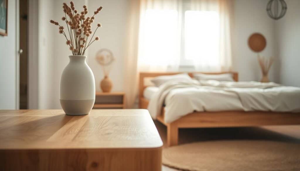 A bright and airy bedroom scene showcasing a range of sustainable wooden products. In the foreground, a beautifully crafted solid oak bedside table with natural grain texture. On top, a simple ceramic vase filled with dried flowers. The middle ground features a sleek wooden bed frame and a cozy, organic cotton comforter, with a soft rug made from jute beneath the bed. The background includes a window with sheer curtains letting in warm, soft light, highlighting the peaceful atmosphere. The walls are painted in a calming, neutral tone to complement the wood. The overall ambiance is serene and inviting, emphasizing eco-friendly decor. The composition should use a shallow depth of field to focus on the wooden products while gently blurring the background details for a dreamy effect.
