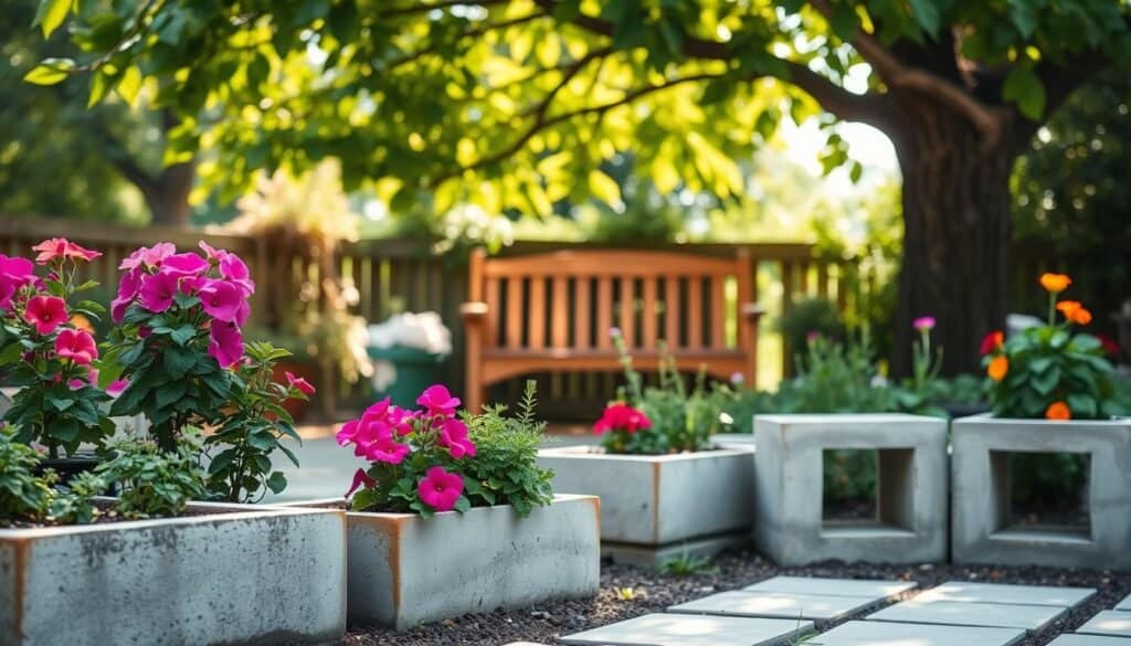 A charming garden scene featuring a cozy arrangement of cinder blocks forming planters filled with vibrant flowers and lush greenery. In the foreground, the cinder blocks are arranged neatly, with some showcasing herbs and colorful blooms like geraniums and petunias. The middle ground features a warm wooden bench made from reclaimed wood, invitingly placed under a leafy tree to create a shaded spot for relaxation. In the background, soft sunlight filters through the leaves, casting gentle dappled light on the garden, enhancing the inviting atmosphere. Use a shallow depth of field to focus on the blocks and flowers, while the bench and background blur slightly, creating a sense of tranquility and warmth. The overall mood should be serene and welcoming, ideal for inspiring a sense of comfort in any outdoor space.