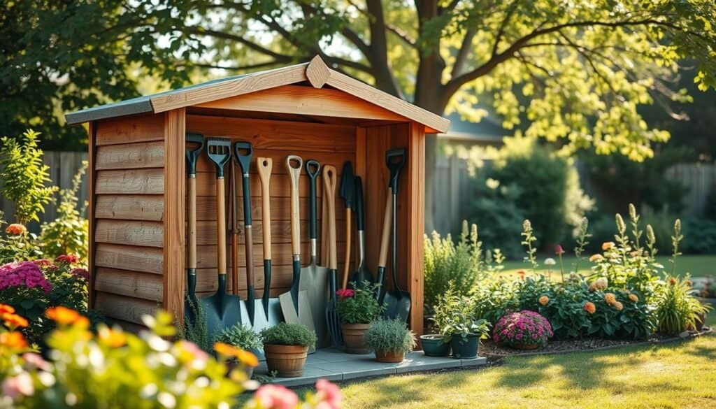 A charming wooden garden tool storage unit set against a lush, vibrant backyard. In the foreground, feature a rustic wooden shed crafted from weathered cedar, beautifully displaying an array of gardening tools like spades, rakes, and pruners neatly arranged for easy access. The middle ground showcases a well-manicured garden with colorful flowering plants and aromatic herbs surrounding the storage unit. In the background, soft sunlight filters through leafy trees, creating dappled shadows on the ground, evoking a warm, inviting atmosphere. The scene is captured with a shallow depth of field, emphasizing the charming details of the wooden storage while gently fading the background into a serene blur. The overall mood is peaceful and nostalgic, perfect for inspiring backyard rejuvenation.