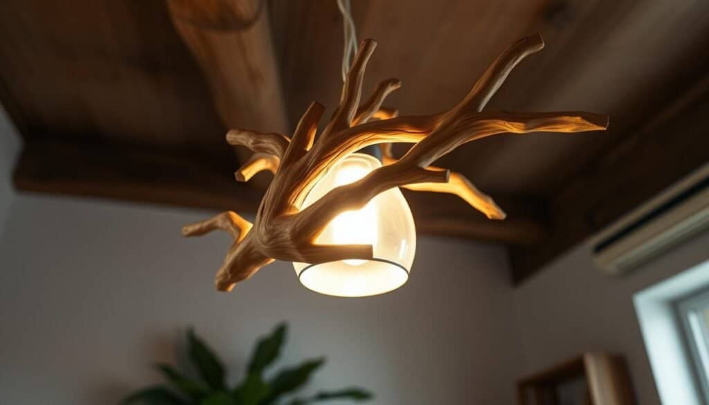 A close-up view of a beautifully crafted wooden light fixture shaped like an elegant tree branch, suspended from a rustic ceiling. The branch features intricate carvings and a natural finish, showcasing the wood's rich textures and grains. Soft, warm light emanates from the fixture, casting gentle shadows across the room, creating a cozy atmosphere. In the background, a minimalistic interior with neutral-toned walls and a hint of greenery can be seen, adding to the serene ambiance. The angle captures the light from slightly below, emphasizing the fixture’s design while highlighting the play of light and shadow. The overall mood is inviting and tranquil, perfect for a home setting, evoking a sense of balance and harmony.