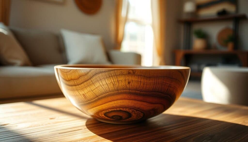 A close-up view of a beautifully handcrafted wooden piece, showcasing intricate grain patterns and unique textures. The piece, a finely turned bowl, sits on a rustic wooden table, illuminated by soft, natural sunlight filtering through a nearby window, casting gentle shadows. In the background, a cozy living room setting with warm earth tones and minimalistic décor complements the handmade item, giving a sense of comfort and personalization to the space. The focus is on the craftsmanship, with an emphasis on the details of the wood's surface, highlighting its natural beauty and creating an inviting atmosphere. The image captures the essence of home and individuality, evoking warmth and a connection to nature.