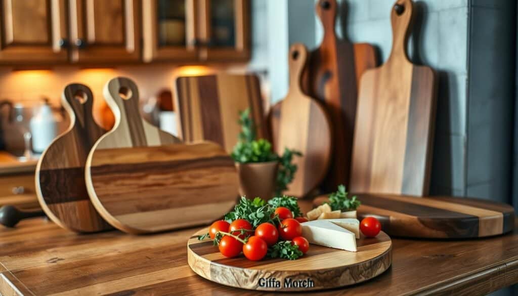 A collection of beautifully crafted wooden cutting boards displayed on a rustic kitchen countertop. The cutting boards, varying in size and shape, showcase rich wood grains and textures, reflecting warm tones of oak and walnut. In the foreground, a round, charcuterie-style cutting board is adorned with an assortment of fresh herbs, cherry tomatoes, and artisanal cheese, creating an inviting setting. In the middle ground, a rectangular cutting board leans against the wall, next to a small potted plant, enhancing the organic feel. The background features a softly blurred kitchen scene with wooden cabinets and warm, ambient lighting, casting gentle shadows. The overall atmosphere is cozy and welcoming, emphasizing the aesthetic appeal of wooden accents in home décor.