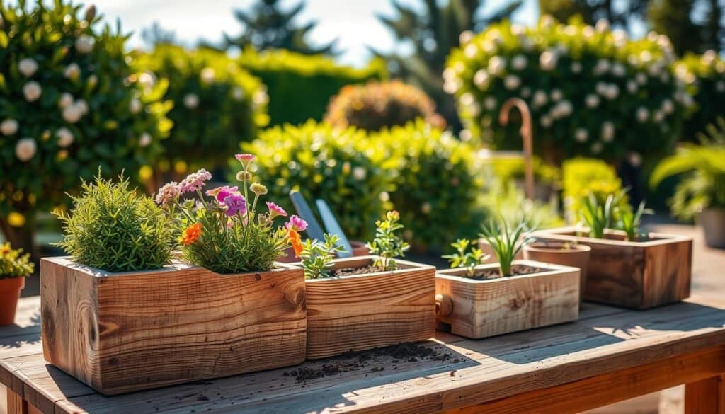 A collection of rustic wood planter boxes displayed in a serene outdoor setting. In the foreground, focus on three handcrafted wooden boxes made from reclaimed lumber, showcasing natural textures and grains, filled with vibrant green plants and colorful flowers. The middle ground features a weathered wooden table adorned with gardening tools, potting soil, and small plants waiting to be potted. In the background, a soft focus of a lush garden with blooming hedges and a clear blue sky under warm sunlight creates a tranquil atmosphere. The lighting is golden and inviting, with a focus on warm tones to enhance the rustic charm of the scene. Capture the image with a DSLR lens, using a shallow depth of field to accentuate the details of the planter boxes, while maintaining a cozy and inviting vibe. A collection of rustic wood planter boxes displayed in a serene outdoor setting. In the foreground, focus on three handcrafted wooden boxes made from reclaimed lumber, showcasing natural textures and grains, filled with vibrant green plants and colorful flowers. The middle ground features a weathered wooden table adorned with gardening tools, potting soil, and small plants waiting to be potted. In the background, a soft focus of a lush garden with blooming hedges and a clear blue sky under warm sunlight creates a tranquil atmosphere. The lighting is golden and inviting, with a focus on warm tones to enhance the rustic charm of the scene. Capture the image with a DSLR lens, using a shallow depth of field to accentuate the details of the planter boxes, while maintaining a cozy and inviting vibe.