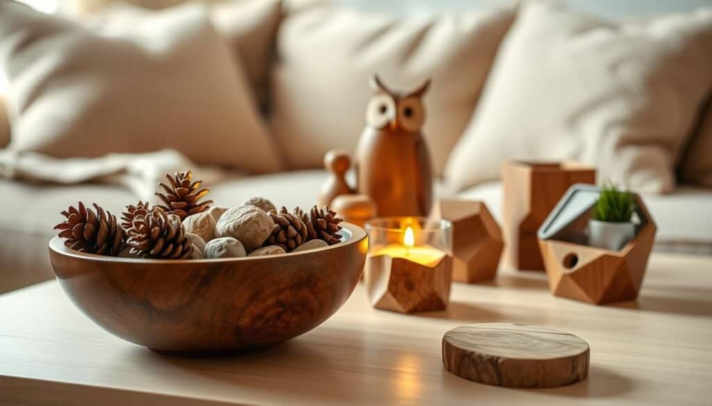 A collection of small wooden accents elegantly arranged on a soft, neutral-colored table. In the foreground, feature a handcrafted wooden bowl filled with natural pinecones and smooth stones, complemented by a polished rustic wooden candle holder with a warm glow from a flickering candle. In the middle ground, showcase a variety of small wooden sculptures, such as a carved owl and a geometric wooden planter, subtly reflecting light. The background should hint at a soft-focus living room setting with cozy textures, like a plush sofa and woven textiles, creating an inviting atmosphere. The lighting should be warm and natural, with soft shadows, evoking a sense of tranquility and warmth in the space. Aim for a realistic and inviting atmosphere that emphasizes the beauty of wooden details.