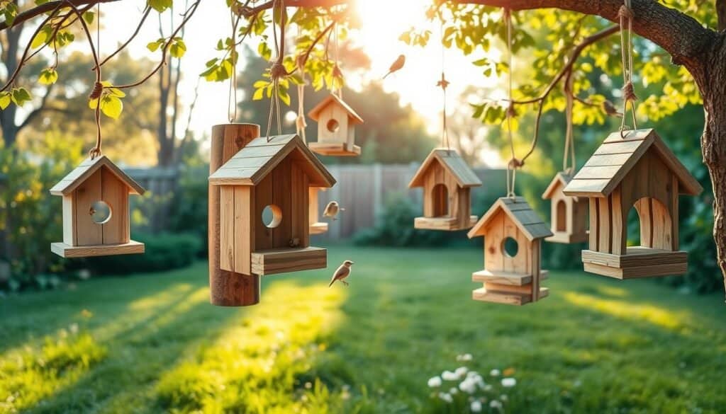 A collection of upcycled pallet wood bird feeders hanging from tree branches in a serene backyard setting. The foreground features a variety of beautifully crafted bird feeders, showcasing the rustic texture of the weathered wood, with soft natural colors and charming designs, some adorned with small decorative elements. In the middle ground, lush green grass and scattered wildflowers create a relaxed atmosphere, while small birds such as sparrows and finches flit between the feeders. The background captures a soft-focus view of trees and a clear blue sky, drenched in warm, golden sunlight to evoke a sense of peace and tranquility. The image is shot from a slightly elevated angle, accentuating the craftsmanship and inviting viewers to enjoy this quick, rewarding woodworking project in nature. A collection of upcycled pallet wood bird feeders hanging from tree branches in a serene backyard setting. The foreground features a variety of beautifully crafted bird feeders, showcasing the rustic texture of the weathered wood, with soft natural colors and charming designs, some adorned with small decorative elements. In the middle ground, lush green grass and scattered wildflowers create a relaxed atmosphere, while small birds such as sparrows and finches flit between the feeders. The background captures a soft-focus view of trees and a clear blue sky, drenched in warm, golden sunlight to evoke a sense of peace and tranquility. The image is shot from a slightly elevated angle, accentuating the craftsmanship and inviting viewers to enjoy this quick, rewarding woodworking project in nature.