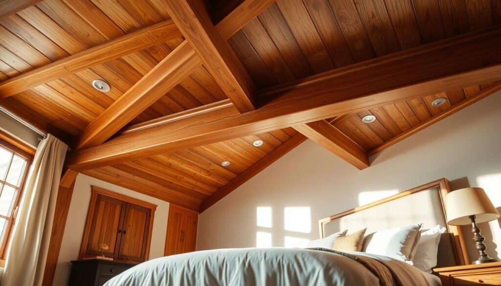 A cozy and inviting bedroom featuring prominent wooden ceiling beams and paneling, showcasing warm, rich textures of natural wood. In the foreground, softly lit by gentle natural light filtering through a large window, a spacious, well-decorated bed adorned with neutral-toned linens complements the wooden features. In the middle ground, intricate details of the wooden beams emerge, highlighting their craftsmanship and elegance. The background reveals calming wall colors that enhance the warmth of the wood, creating a serene atmosphere. The image should evoke a sense of tranquility and comfort, using soft, diffused lighting to cast warm shadows. Capture the scene from a slightly elevated angle to maximize the visual impact of the ceiling features, emphasizing their striking presence in the bedroom space. No human subjects or external distractions should be included, maintaining focus on the architectural beauty.