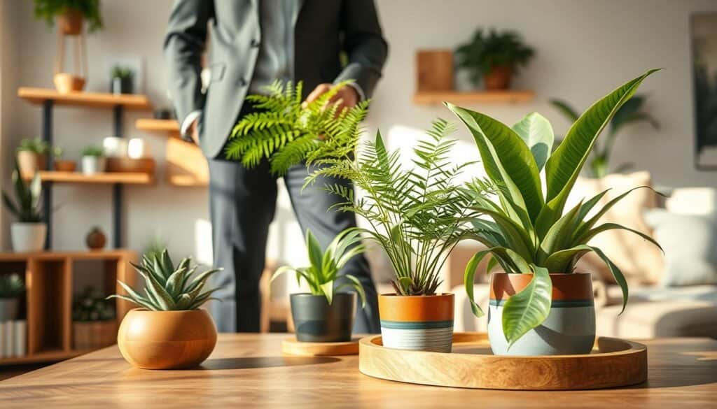 A cozy and inviting indoor space featuring a stylish selection of indoor plants, arranged beautifully on a wooden table. In the foreground, a person in smart casual attire examines a vibrant green fern and a potted snake plant, showcasing their textures and colors. The middle ground includes an assortment of natural wood accents like shelves and planters that complement the plants. Soft, warm sunlight filters in through a nearby window, casting gentle shadows and creating a calming atmosphere. In the background, subtle hints of a well-decorated living room with earthy tones and natural elements can be glimpsed, enhancing the sense of life and tranquility in the space. Aim for a close-up perspective that highlights the interaction between the person and the plants, evoking a sense of warmth and connection to nature.