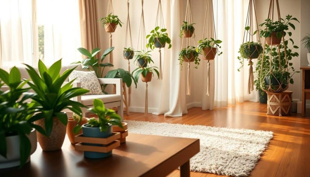 A cozy and inviting living space showcasing DIY home plant décor. In the foreground, a beautifully arranged table with handcrafted wooden plant stands, displaying vibrant, lush green plants in unique ceramic pots. The middle ground features a wall adorned with hanging macramé plant hangers, each cradling leafy, cascading plants, creating a sense of depth. The background includes a sunlit window with sheer curtains, filtering warm, natural light into the room, enhancing the earthy tones of the décor. A soft rug lies on polished wooden flooring, creating a homely atmosphere. The overall mood is relaxed and rejuvenating, perfect for bringing life back into a room. Use a wide-angle lens to capture the full essence of the home décor, emphasizing the warmth and personality of the space.