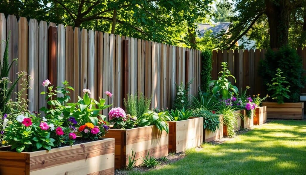 A cozy backyard scene featuring beautifully crafted wooden planter boxes lined neatly along a rustic wooden fence. In the foreground, the planter boxes are filled with vibrant flowers and lush greenery, showcasing various plants that exude a sense of life and color. The middle ground includes the sturdy wooden fence, weathered and natural, providing a warm backdrop. In the background, soft sunlight filters through the leaves of nearby trees, casting gentle shadows across the scene, enhancing the inviting atmosphere. The image captures a peaceful, inspiring outdoor space, perfect for igniting creativity in woodworking. Use natural light to highlight textures and colors, with a slightly elevated angle to provide a full view of both the planter boxes and fence.