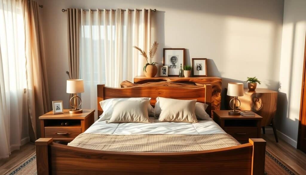 A cozy bedroom featuring a blend of wooden decor elements. In the foreground, a beautifully crafted wooden bed frame with soft, neutral-toned bedding, and a handwoven textile throw. On each side, rustic wooden nightstands adorned with elegant lamps emitting a warm, soft glow. The middle ground showcases a stylish wooden dresser with organic curves, topped with small potted plants and framed photographs. In the background, light filters through sheer curtains, casting gentle shadows that enhance the natural textures of the wooden furnishings. The atmosphere is inviting and serene, with rich wood grains adding warmth and a touch of nature, evoking a peaceful retreat perfect for relaxation. The overall lighting is soft and ambient, creating a tranquil and cozy mood.