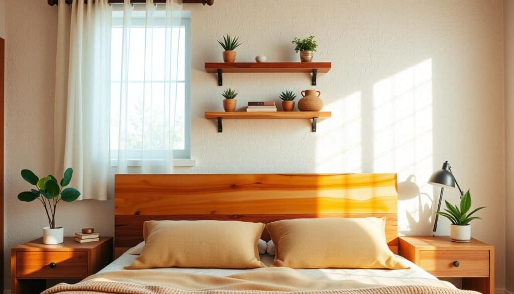 A cozy bedroom featuring budget-friendly wood accents that enhance the space. In the foreground, a rustic wooden headboard with a warm, honey-colored finish is complemented by simple bedside tables made from reclaimed wood. The middle layer showcases a wall adorned with floating wooden shelves holding small potted plants and decorative items. Soft, natural light filters through a window with light, sheer curtains, casting a gentle glow across the room. In the background, a textured bedroom wall in a soft neutral tone adds a calming atmosphere. The overall mood is inviting and serene, perfect for a restful retreat. Capture the essence of welcoming and stylish, emphasizing practicality and warmth in the decor.