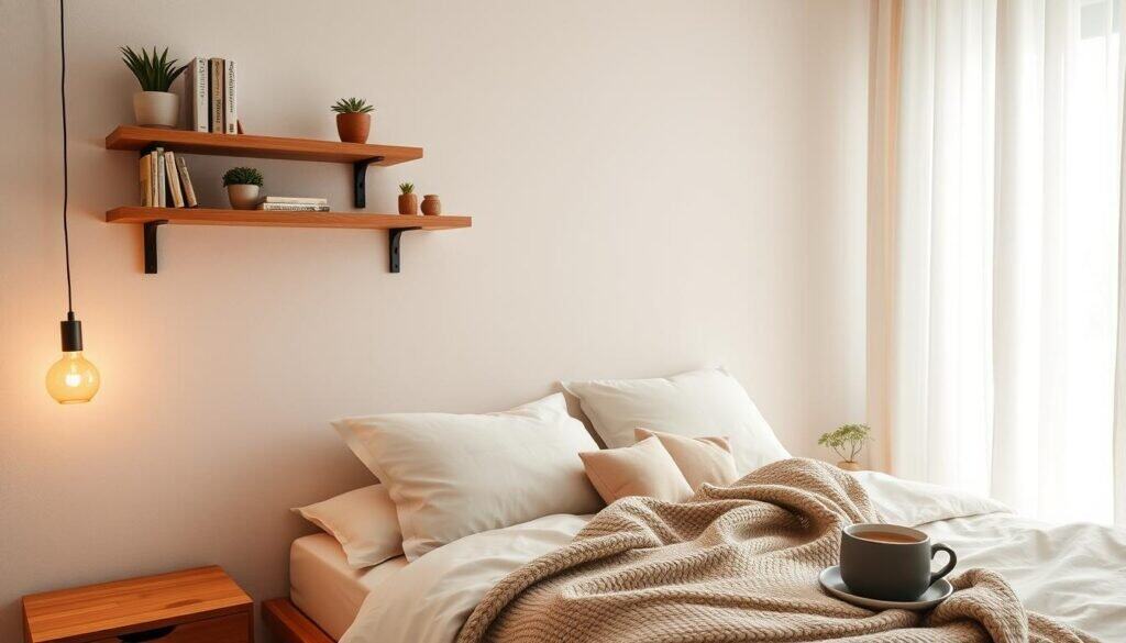 A cozy bedroom featuring floating wooden shelves mounted on a softly textured wall. In the foreground, the shelves are adorned with a few small potted plants, decorative books, and a warm lamp casting a gentle glow. The middle of the composition captures a neatly made bed with neutral-toned linens, a chunky knit throw, and plush pillows arranged artfully. In the background, soft natural light filters through sheer curtains, illuminating a peaceful atmosphere. A bedside table with a steaming cup of tea adds to the inviting scene. The room is styled with a minimalist aesthetic, highlighting warmth and comfort, aiming for a serene vibe that encourages relaxation and harmony.