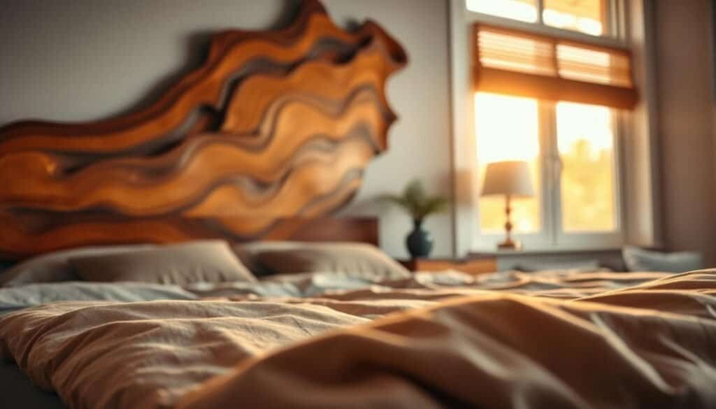 A cozy bedroom interior featuring a striking wooden accent piece, such as a beautifully crafted wooden headboard or a unique wooden wall art installation. In the foreground, soft textures of bedding in muted colors complement the warmth of the rich, natural wood grain. The middle ground showcases a stylish bedside table with a small plant and a calming lamp, creating an inviting atmosphere. In the background, softly blurred warm tones from a window letting in golden hour sunlight enhance the serene mood. The composition is captured from a slightly elevated angle, focusing on the harmonious blend of wood and textiles, using natural light to evoke tranquility and comfort in a peaceful bedroom setting.