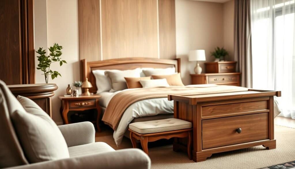 A cozy bedroom interior featuring elegant wooden accent furniture, including a stylish nightstand with intricate carvings, a rustic bench at the foot of the bed, and a charming wooden storage solution. The furniture should showcase warm tones of oak and walnut, with soft textures contrasting against plush linens. In the foreground, the nightstand is adorned with a small plant and a decorative lamp, while the bench is tastefully placed between the bed and a window. The middle ground reveals a beautifully made bed with warm bedding, and the background captures soft, diffused natural light filtering through sheer curtains. Choose a soft-focus lens effect to enhance the inviting atmosphere. The overall mood should evoke comfort and relaxation, perfect for a peaceful retreat. No text or watermarks present.