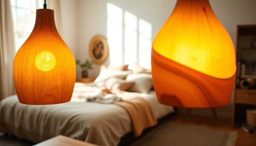 A cozy bedroom setting featuring warm wooden lighting fixtures, prominently displayed in the foreground. The fixtures, crafted from rich, textured wood with soft curves, emit a gentle glow that enhances the natural ambiance of the room. In the middle ground, a neatly made bed adorned with neutral-toned linens complements the warm wood tones. A bedside table holds a small potted plant, adding a touch of greenery. The background reveals a softly painted wall with minimalistic decor, bathed in natural light filtering through a window, creating a serene atmosphere. Soft shadows play across the scene, emphasizing the tranquility and inviting warmth of the space. The overall mood is relaxed and harmonious, ideal for an intimate, restful environment.